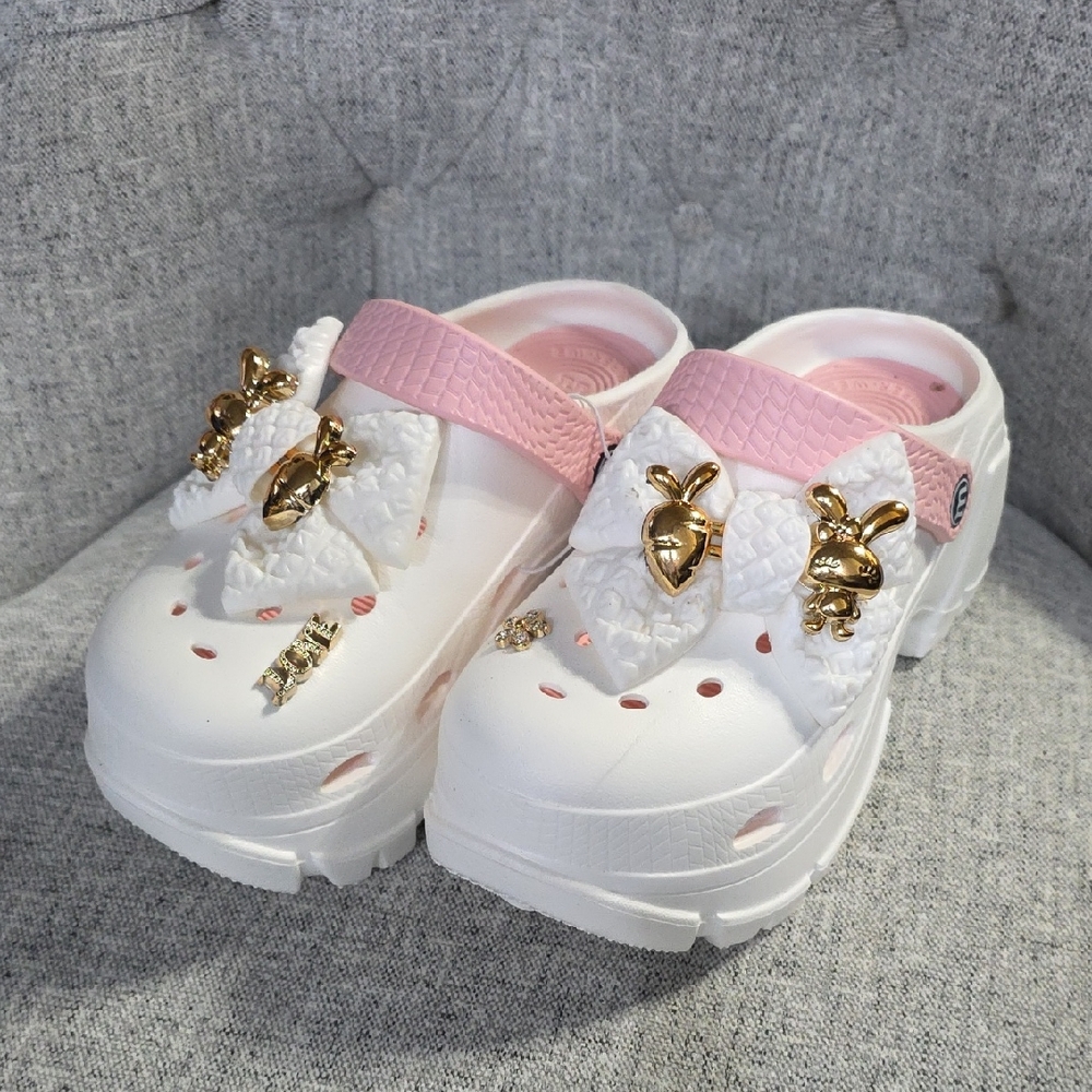 Women’s White Platform Clogs with Pink Strap & Gold Rabbit Charms – Cute